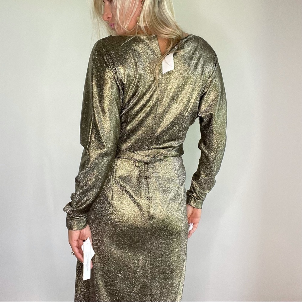Teri Jon $570 Gold Shimmer Long Sleeve Gown w/Slit - Picture 8 of 16